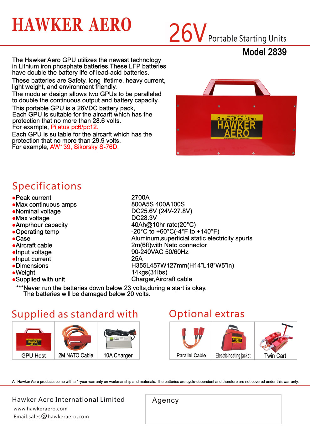 Portable Ground Power Unit(aircraft GPU) HAWKER AERO 2839 Specification Sheet,Aircraft starting unit.